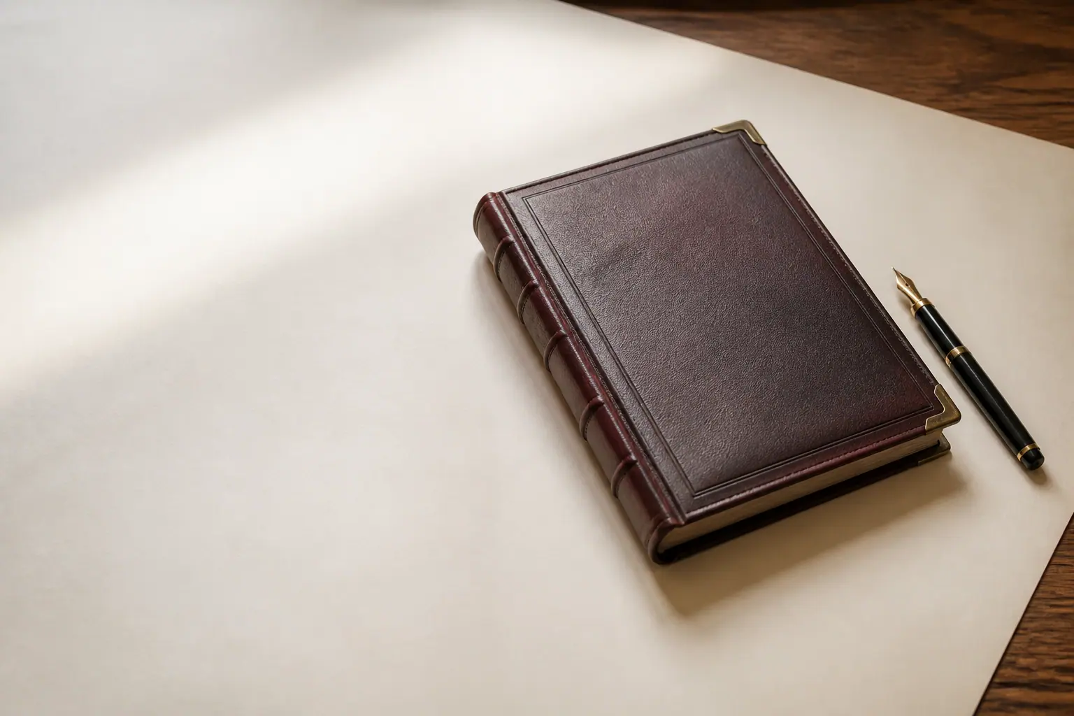 Closed leather ledger and a fountain pen on cream paper
