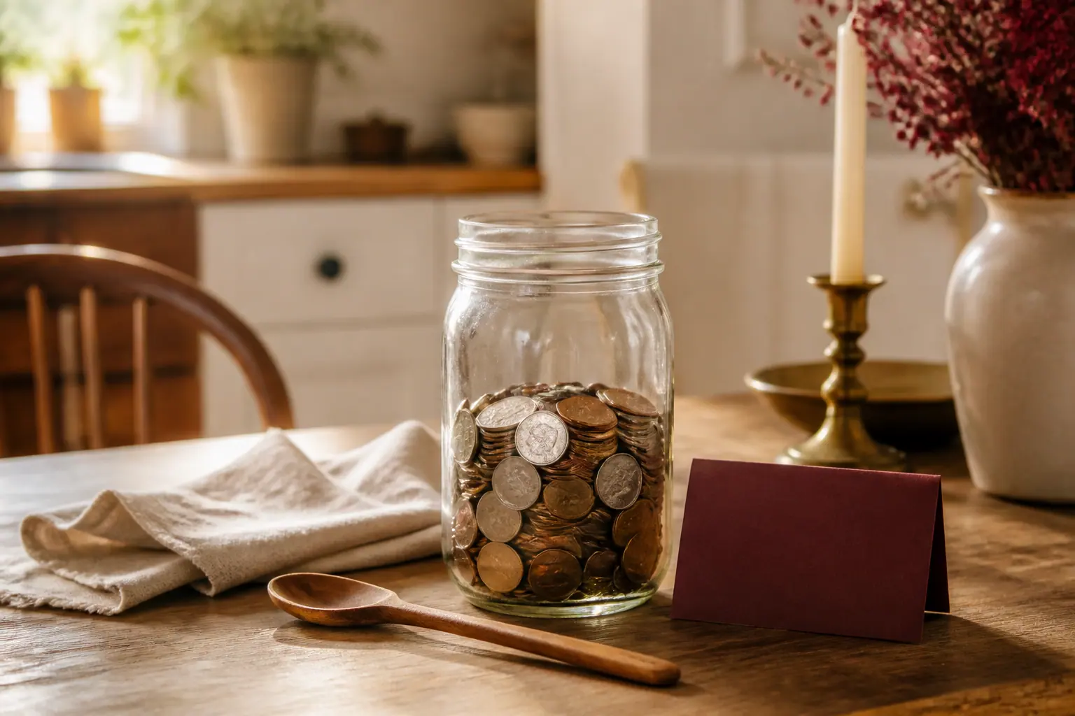 Glass coin jar on a wooden kitchen table