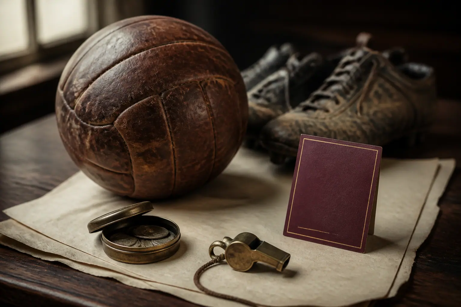 Leather football, boots, oxblood card, and a tin fine pot
