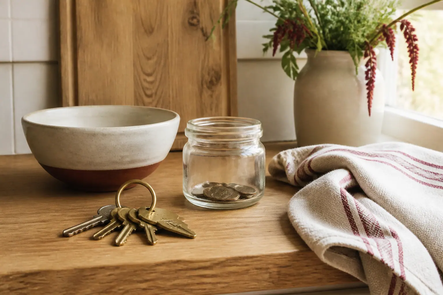 House keys and a glass jar on a kitchen counter
