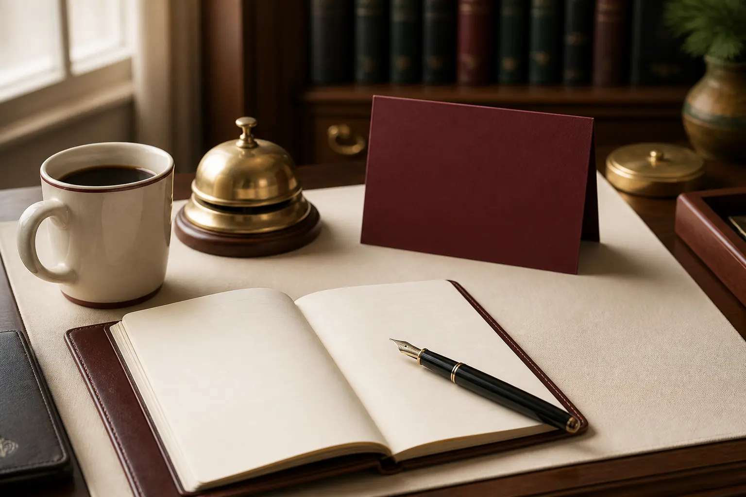 Desk mug, leather notepad, and a brass bell