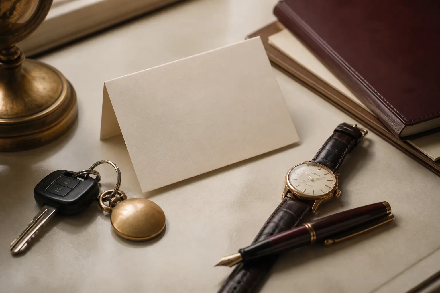 Car keys, watch, and a folded notice on cream paper