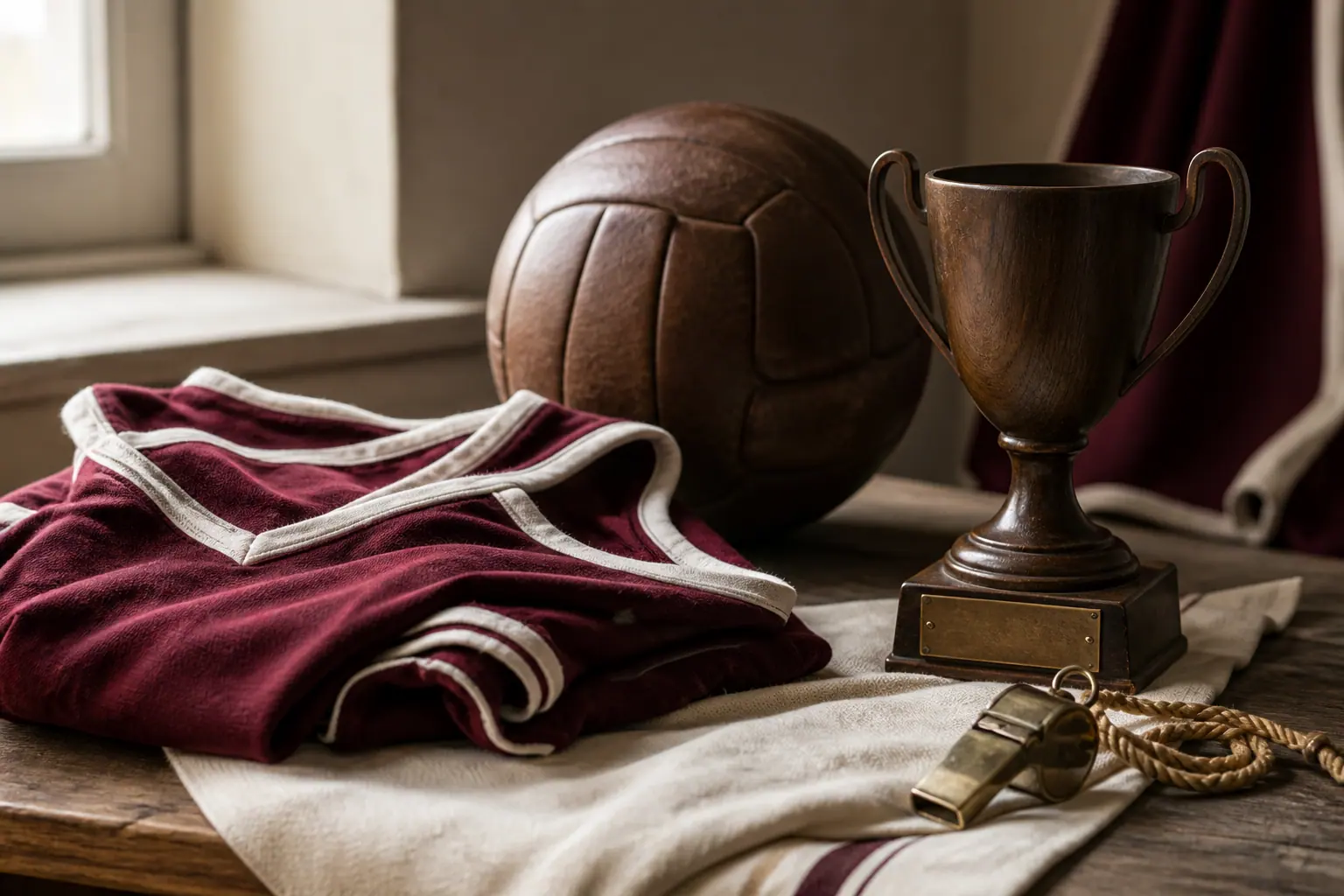 Team bib, ball, trophy, and a brass whistle